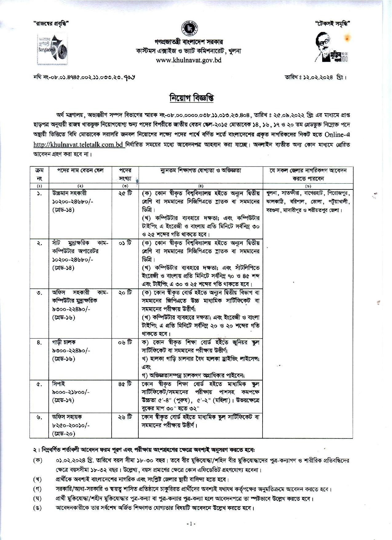 খুলনা কাস্টমস নিয়োগ বিজ্ঞপ্তি ২০২৪ | Khulna Customs,Excise & Vat Commissionerate Job Circular 2024
