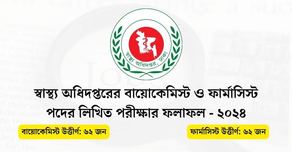 স্বাস্থ্য অধিদপ্তরের বায়োকেমিস্ট ও ফার্মাসিস্ট পদের লিখিত পরীক্ষার ফলাফল - ২০২৪